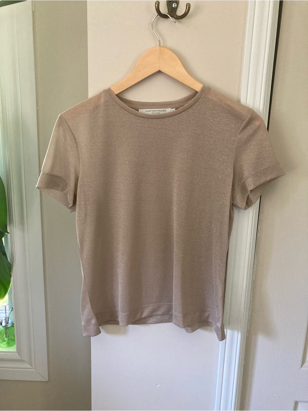 Tan Sheer Contemporaine Tee with Silver Metallic Threads